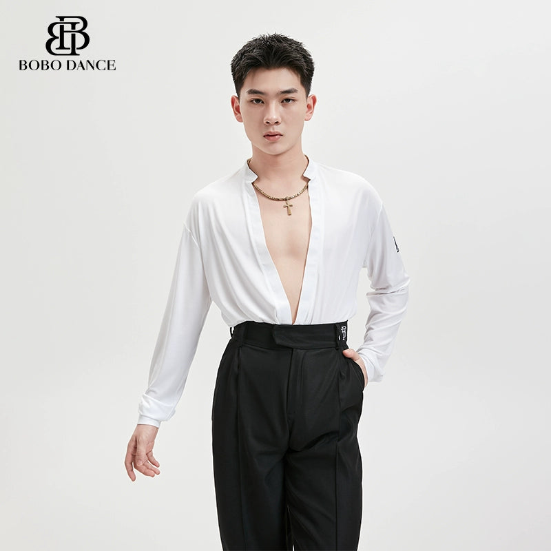 BOBO Boys Latin Dance Suit Men's Deep V-Neck Black National Standard Top Long Sleeve Dance Suit Practice Adult Exercise Practice