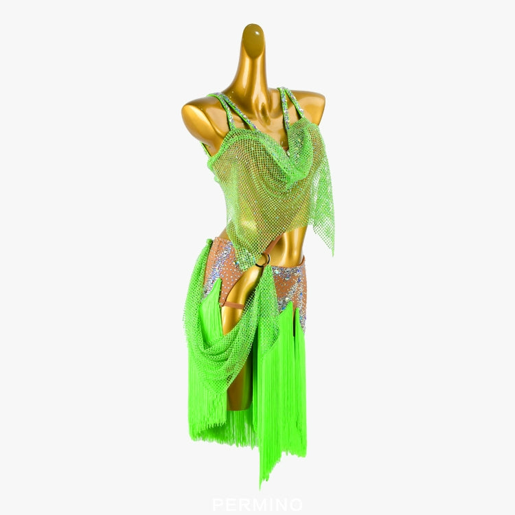 PERMINO.L027F Neon Green Latin Dance Dress – Mesh & Fringe with Crystal Accents
