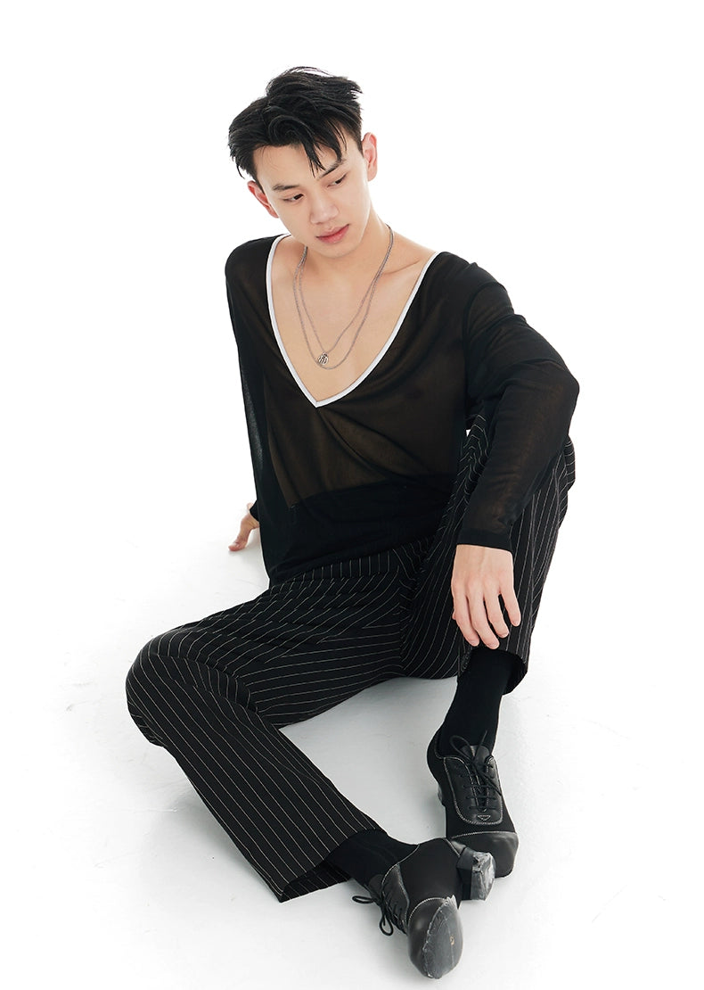 DUYQ "Black and White" Men's 011 Deep V Long Sleeve Top Adult National Standard Latin Dance Practice Performance Clothing Professional