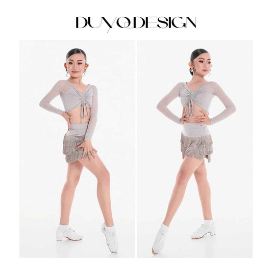 DUYQ children's style "Mountain Awakening Spring" 001 pleated top long-sleeved Latin dance girls' practice clothes professional