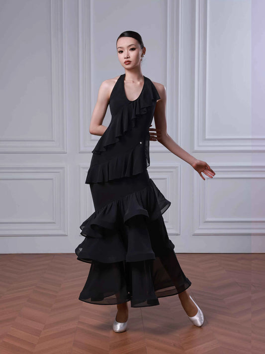 TID neck dress, multi-layer skirt, large swing skirt, high-end ballroom dance skirt