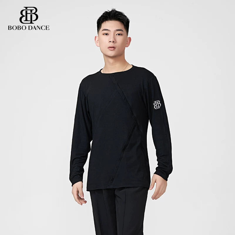 BOBO.L082 Boys Latin Dance Suit Crew Neck Black and White T-Shirt Men's Ballroom Dance Professional Latin Practice Suit Dance Top