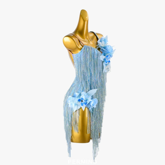 PERMINO.L031F Light Blue Latin Dance Dress – Floral Appliqué & Crystal Fringe Performance Costume