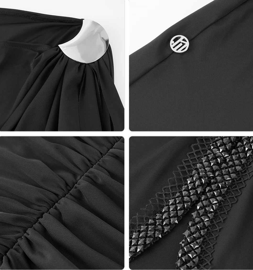 Black garment with detailed views on a white background