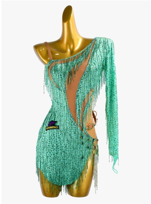 PERMINO.L039F Shoulder Mint Green Fringe Dance Dress