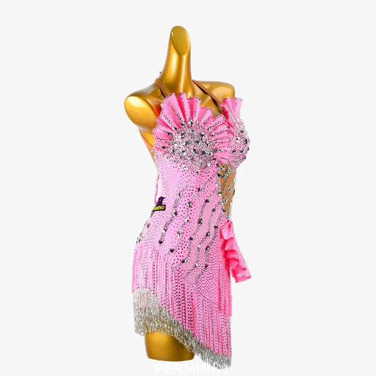 PERMINO.L032F Pink Latin Dance Dress – Rhinestone Halter Fringe Dress with Ruffle Details