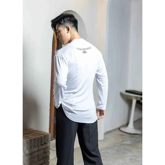 Dongxin dance deep V-neck Tencel waist pullover top, men's Latin dance dance long-sleeved practice suit NY587