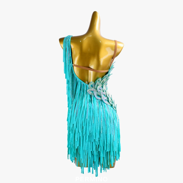 PERMINO.L033F Turquoise Latin Dance Dress – One-Shoulder Rhinestone Fringe Performance Outfit
