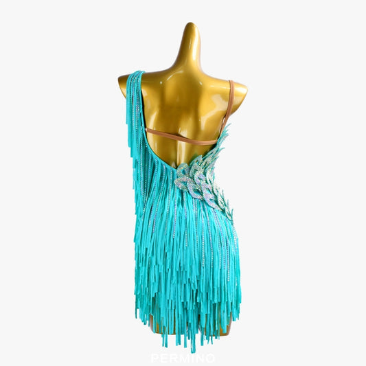 PERMINO.L033F Turquoise Latin Dance Dress – One-Shoulder Rhinestone Fringe Performance Outfit
