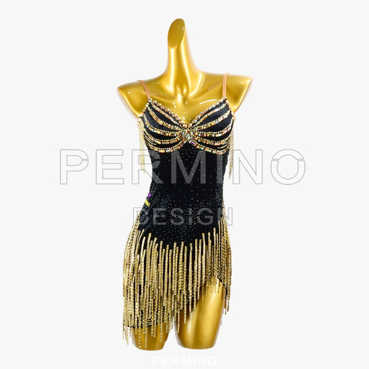 PERMINO.L036F Black Latin Dance Dress – Strapless Fringe Design with Side Cutout Lace-Up Detail