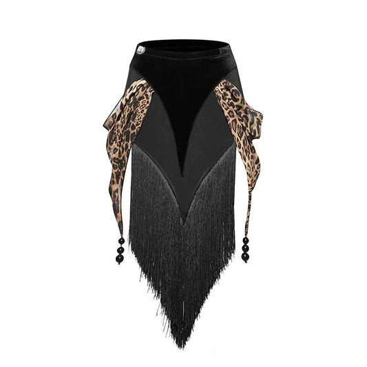 DUYQ "Leopard Girl" 002 Original Splicing Tassel Skirt National Standard Women's Latin Dance Practice Suit