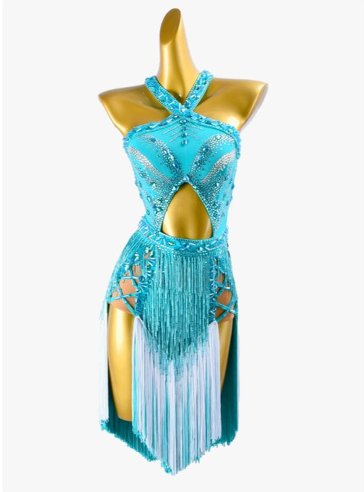 PERMINO.L040F Enchanting Turquoise Fringe Dance Costume