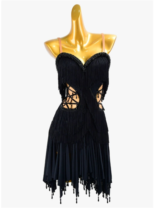 PERMINO.L035F Glamorous Black Fringe Latin Dance Dress