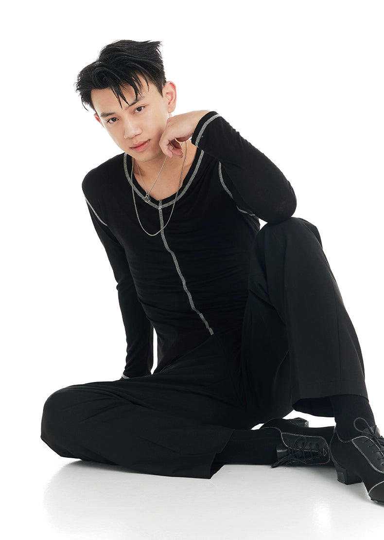 DUYQ "Black and White" Men's 003 Minimalist Long Sleeve Top Adult National Standard Latin Dance Basic Practice Suit