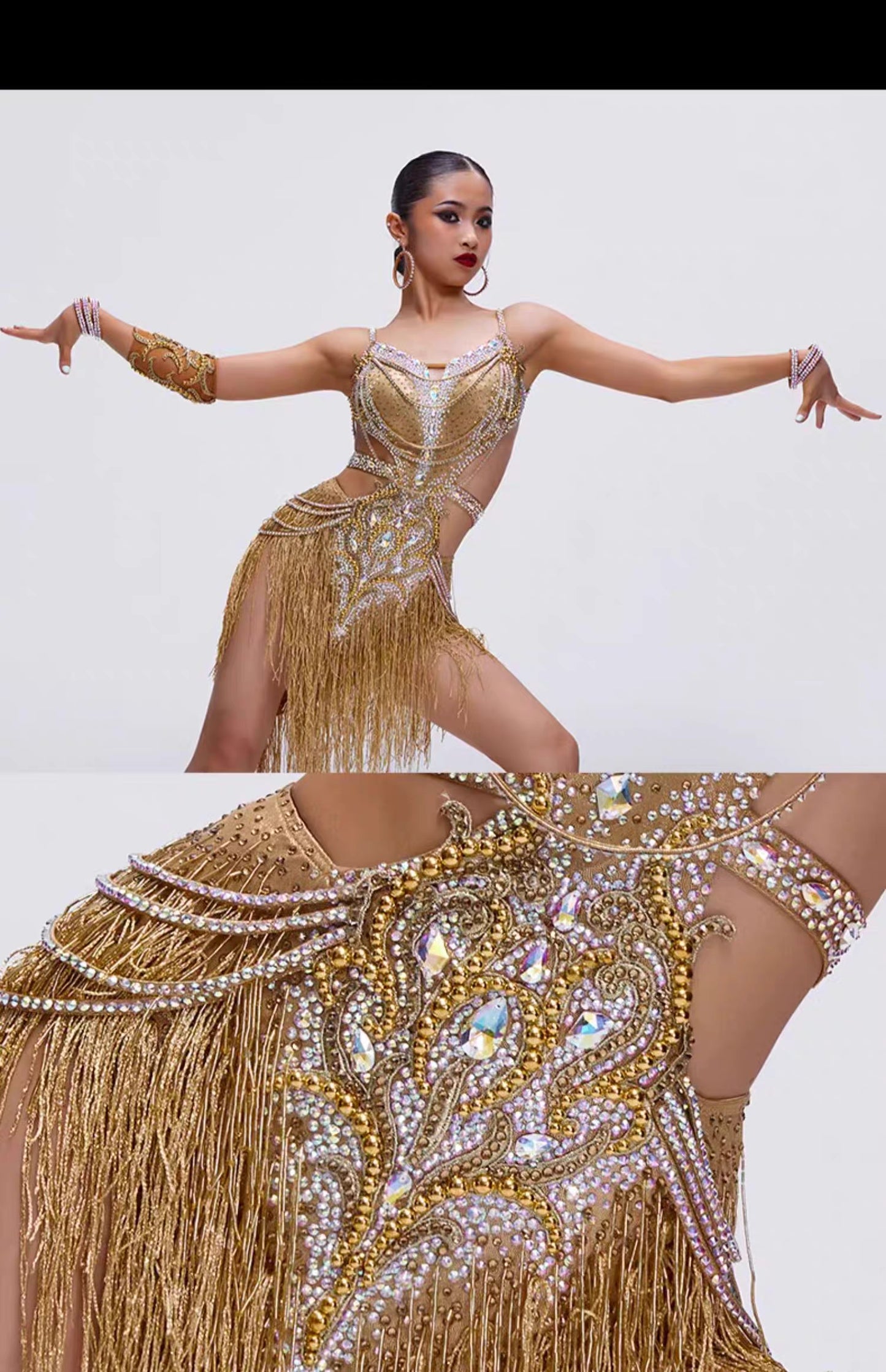 YUN.L031FDD LADIES GOLD AND FRINGE LATIN DANCE COSTUME
