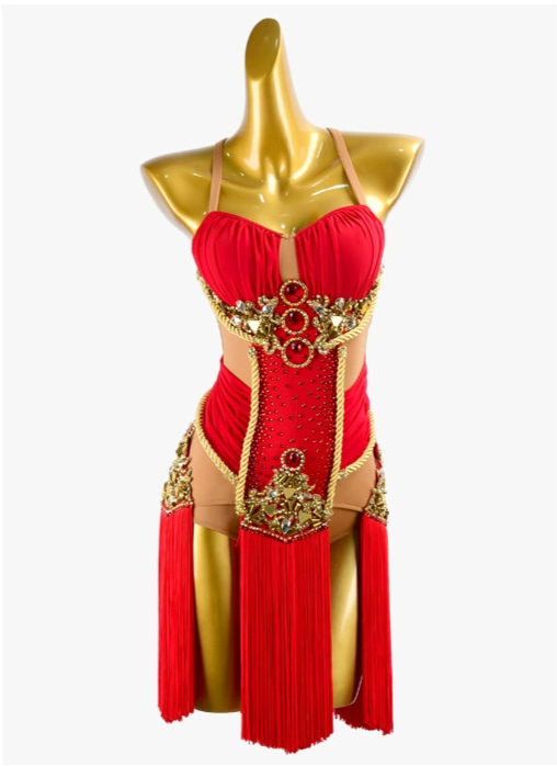 PERMINO.L038F Exquisite Red Latin Dance Dress with Gold Embellishments
