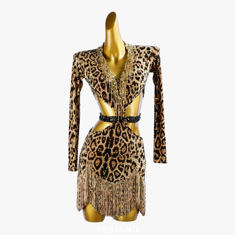 PERMINO.L028F Leopard Latin Dance Costume for Women – Long Sleeve Fringe Salsa Dress