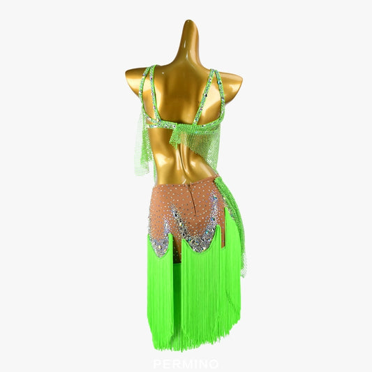 PERMINO.L027F Neon Green Latin Dance Dress – Mesh & Fringe with Crystal Accents