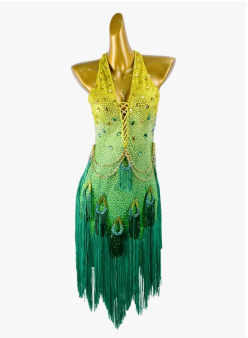 PERMINO.L026F Vibrant Yellow-Green Gradient Fringe Latin Dance Dress