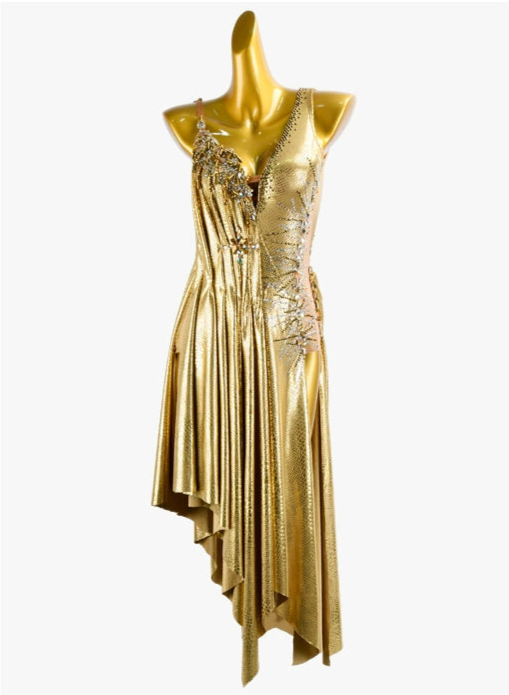 PERMINO.L034F Gold Latin Dance Dress – Asymmetrical One-Shoulder Ballroom Performance Costume