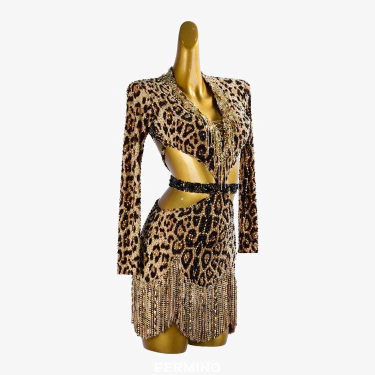 PERMINO.L028F Leopard Latin Dance Costume for Women – Long Sleeve Fringe Salsa Dress