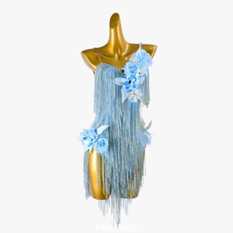 PERMINO.L031F Light Blue Latin Dance Dress – Floral Appliqué & Crystal Fringe Performance Costume