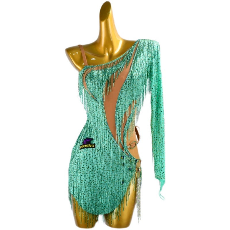 PERMINO.L039F Shoulder Mint Green Fringe Dance Dress