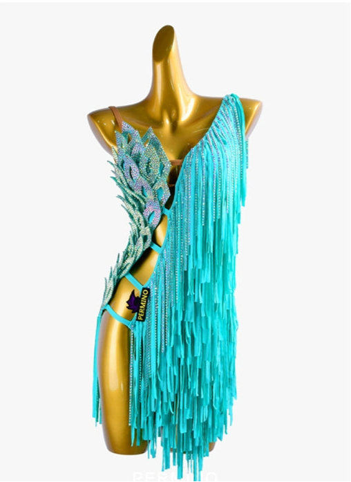 PERMINO.L033F Turquoise Latin Dance Dress – One-Shoulder Rhinestone Fringe Performance Outfit