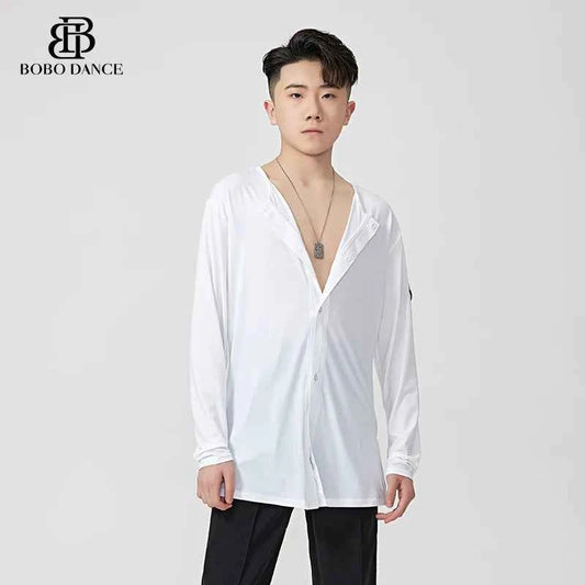 BOBO-DANCE.L083 Men's Latin Dance Suit Training Uniform Boys Adult Autumn and Winter Loose Long Sleeve Top Crew Neck T-Shirt Practice