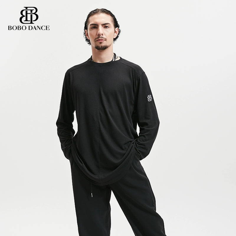 BOBO Boys Latin Dance Suit Crew Neck Long Sleeve T-Shirt Men's Ballroom Dance Professional Latin Practice Suit Dance Top