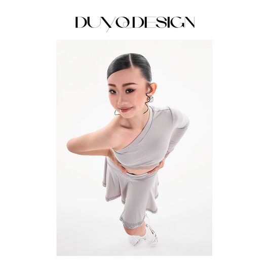 DUYQ children's style "Mountain Awakening Spring" 003 classic slanted shoulder short Latin dance girls' practice clothes professional