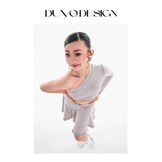DUYQ children's style "Mountain Awakening Spring" 003 classic slanted shoulder short Latin dance girls' practice clothes professional