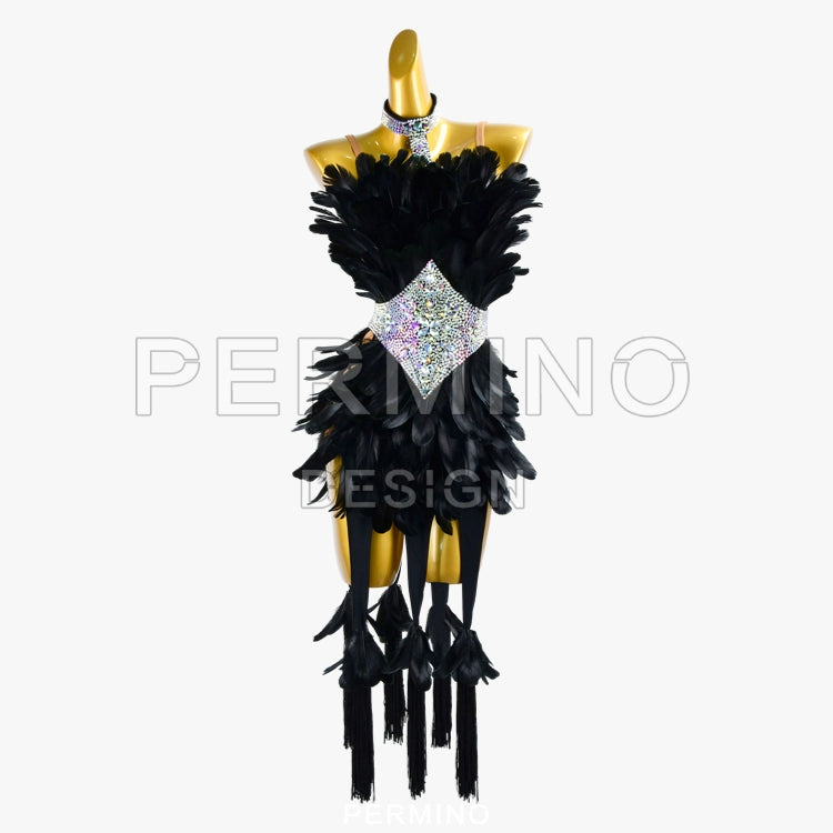 PERMINO.L037F Women’s Black Feather Performance Dress – Lightweight & Breathable Latin Costume