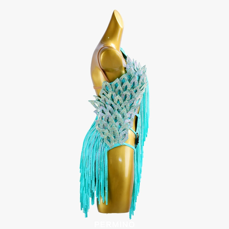 PERMINO.L033F Turquoise Latin Dance Dress – One-Shoulder Rhinestone Fringe Performance Outfit