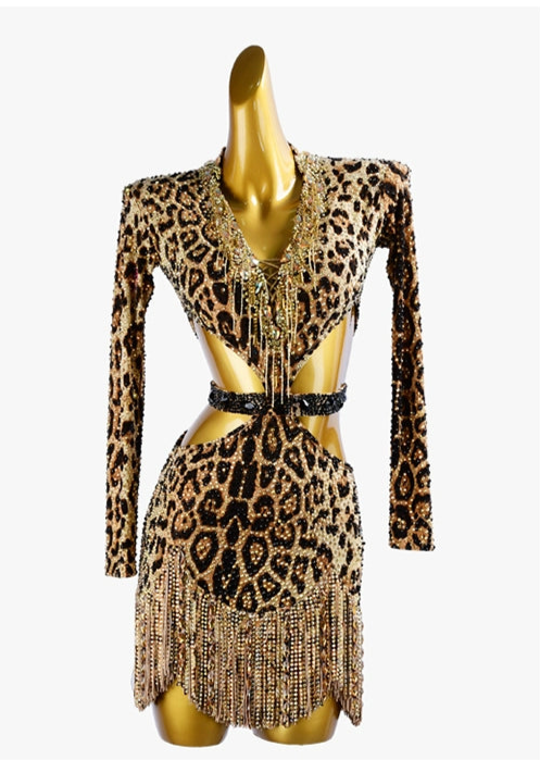 PERMINO.L028F Leopard Latin Dance Costume for Women – Long Sleeve Fringe Salsa Dress