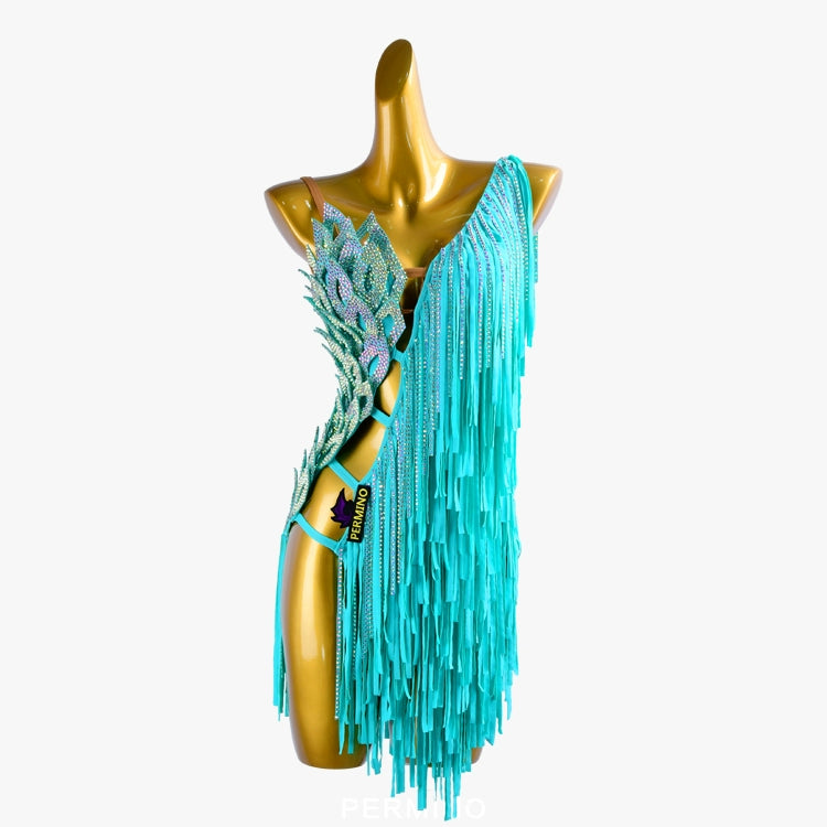 PERMINO.L033F Turquoise Latin Dance Dress – One-Shoulder Rhinestone Fringe Performance Outfit