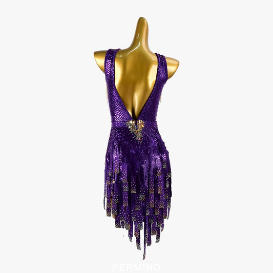PERMINO.L019F Women’s Purple and Gold Rhinestone Latin Dress