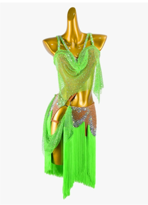 PERMINO.L027F Neon Green Latin Dance Dress – Mesh & Fringe with Crystal Accents