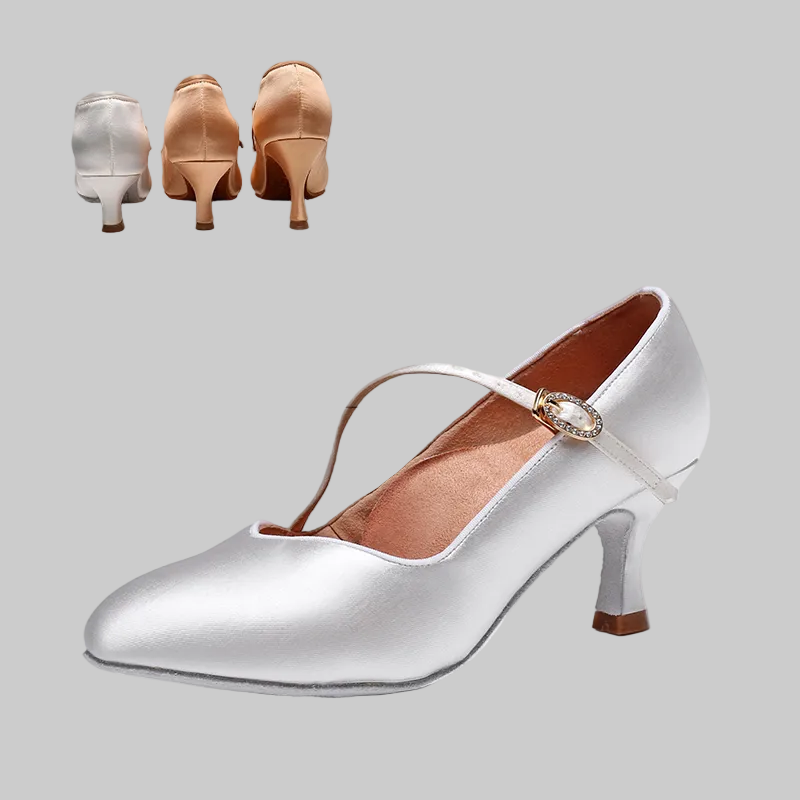 DRH-208 Women's Pointed Oblique Strap Satin Tango & Waltz Dance Shoes – Soft Sole for Social & Performance - Mine·Jas