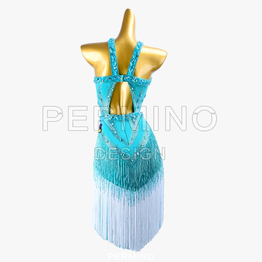 PERMINO.L040F Enchanting Turquoise Fringe Dance Costume