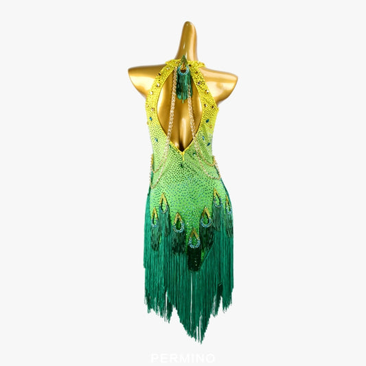 PERMINO.L026F Vibrant Yellow-Green Gradient Fringe Latin Dance Dress