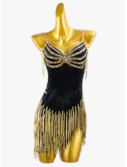 PERMINO.L036F Black Latin Dance Dress – Strapless Fringe Design with Side Cutout Lace-Up Detail