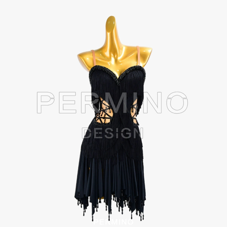 PERMINO.L035F Glamorous Black Fringe Latin Dance Dress