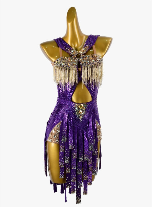 PERMINO.L019F Women’s Purple and Gold Rhinestone Latin Dress