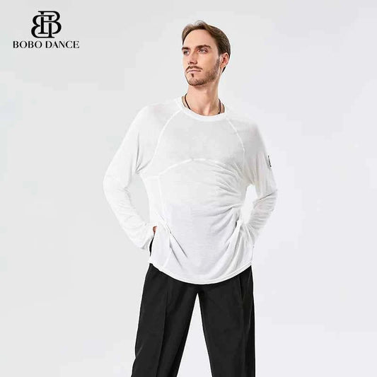 BOBO. L159 Boys Latin Dance Suit Crew Neck Long Sleeve T-Shirt Men's Ballroom Dance Professional Latin Practice Suit Dance Top