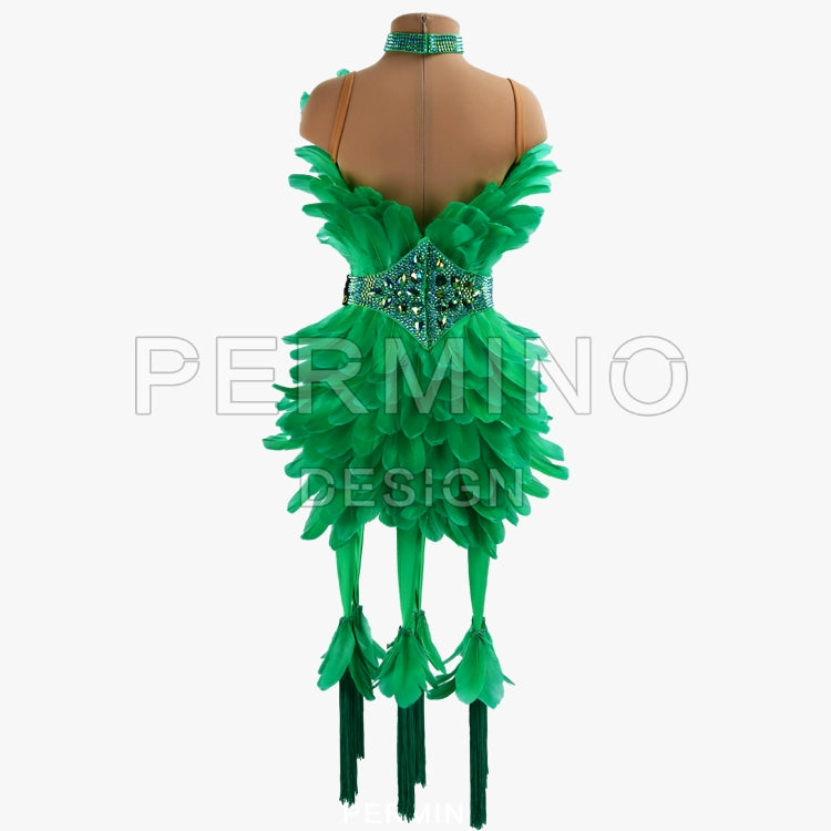 PERMINO.L037F Women’s Black Feather Performance Dress – Lightweight & Breathable Latin Costume