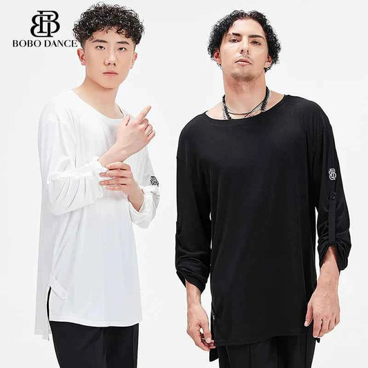 BOBO Boys Latin Dance Suit Crew Neck Black and White T-Shirt Men's Ballroom Dance Professional Latin Practice Suit Dance Top