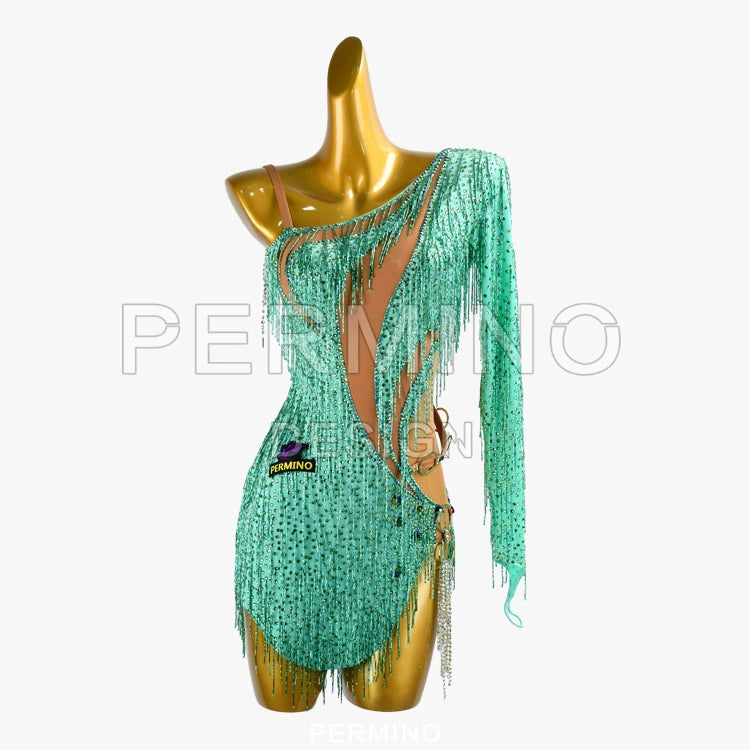 PERMINO.L039F Shoulder Mint Green Fringe Dance Dress