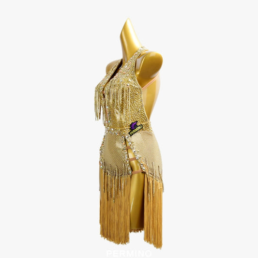 PERMINO.L030F Gold Latin Dance Dress – Halter Deep V Rhinestone Mesh Fringe Costume