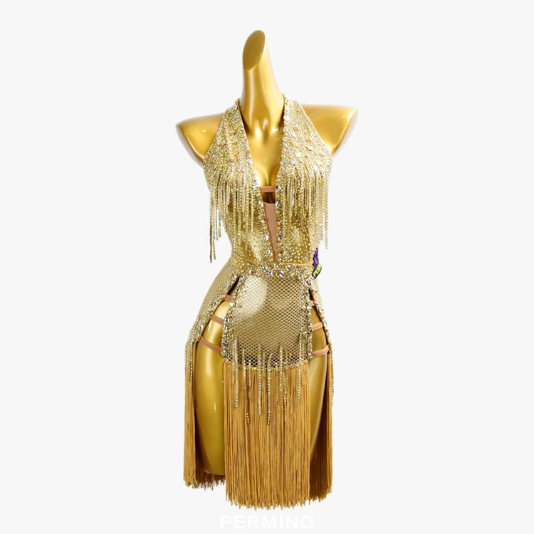 PERMINO.L030F Gold Latin Dance Dress – Halter Deep V Rhinestone Mesh Fringe Costume